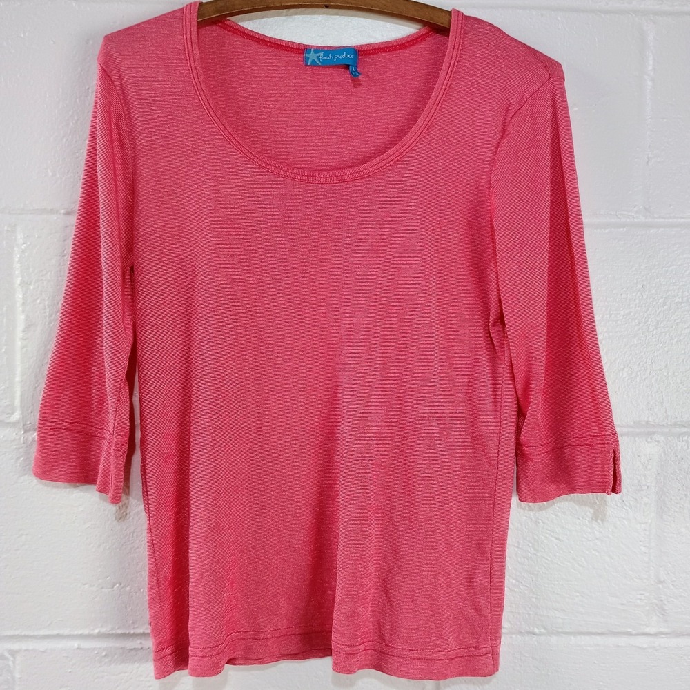 Fresh Produce Pink Silver‎ Lame Metallic Pin Striped 3/4 Sleeve Top Womens LARGE
